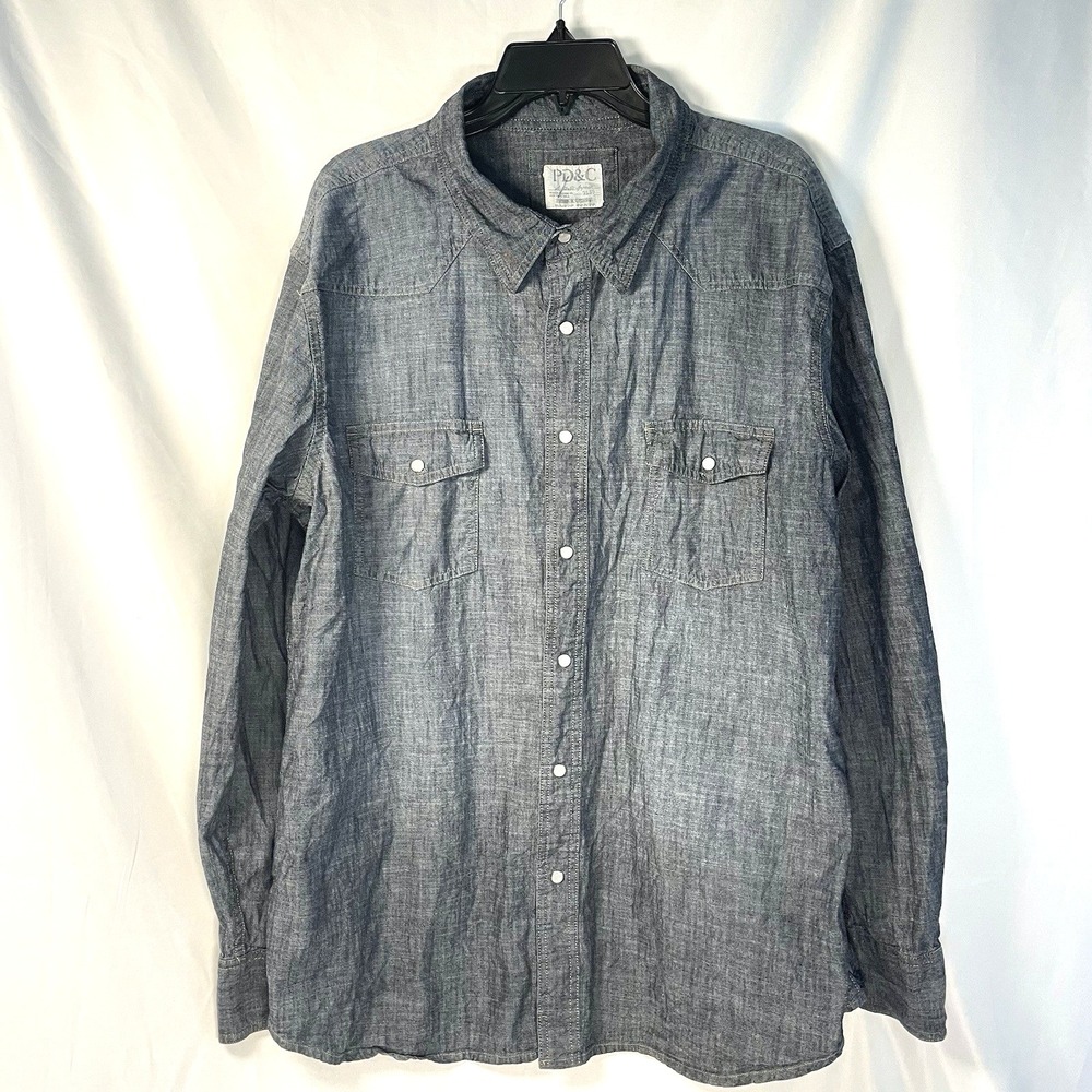 PD&C Shirt Mens XL Western Navy Pearl Snap Cowboy Chambray Button Down